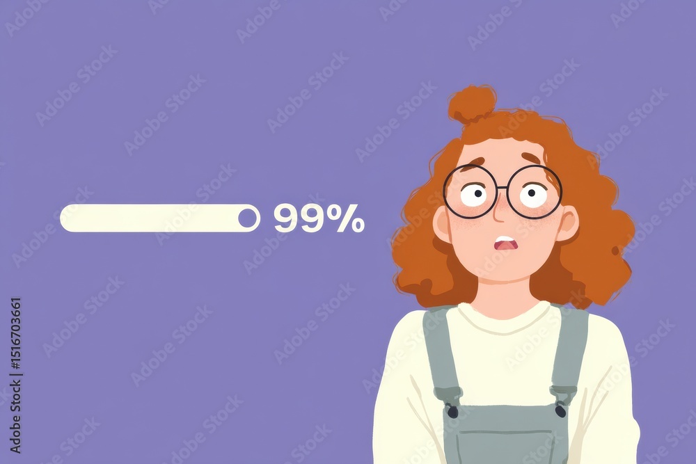 Poster Loading Bar Stuck at 99 Percent Creates Anxious Expression in a Character Illustration With a Purple Background