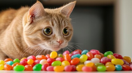 the ginger kitty cautiously approached the colorful pile of jelly beans, his curiosity piqued by the array of bright hues and sweet scents emanating from the sugary treats.