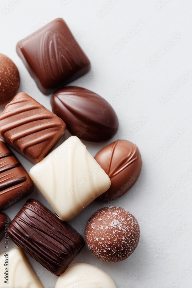 Poster elegant flat lay of assorted chocolates on plain white background showcasing various shapes and text