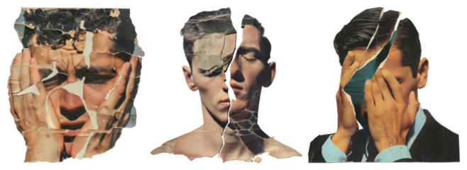 PNG Collage art: torn faces, expressive illustration, surreal  collage element set on transparent background.