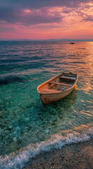 Obraz premium Wooden boat floats on clear turquoise water near pebbled beach at sunset, creating serene scene