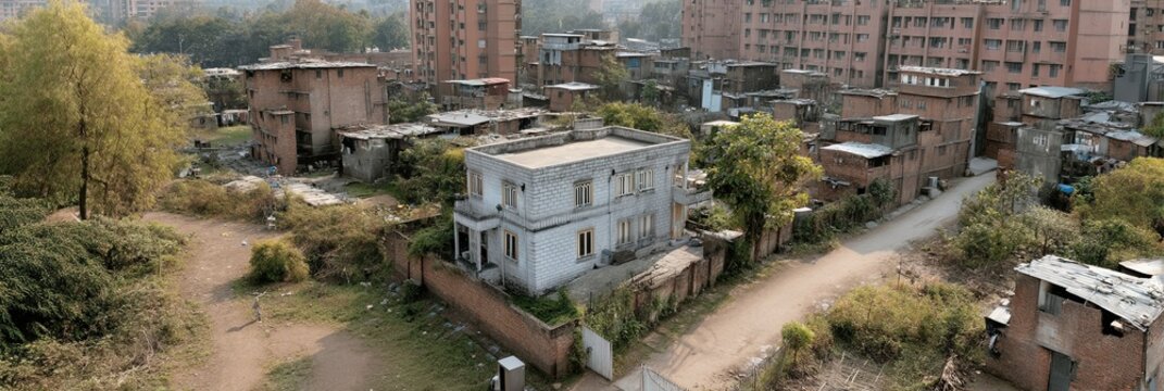 photo of gentrification with one mansion surrounded by slums 