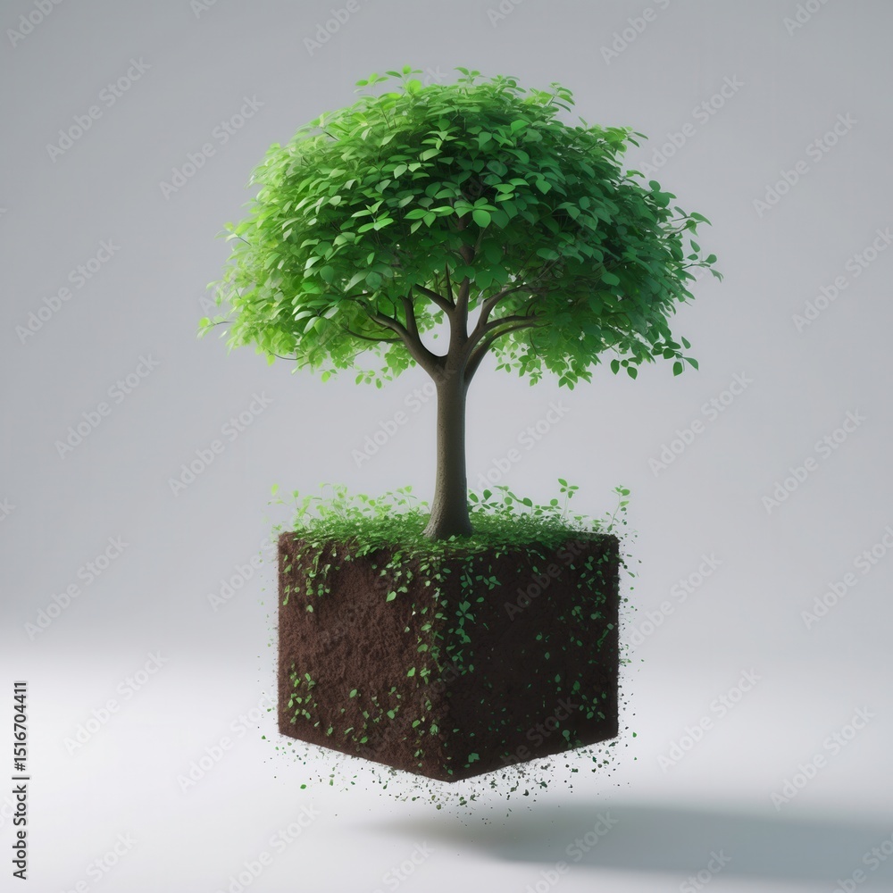 Poster floating cube of soil with a lush green tree growing on top, isolated on a light background