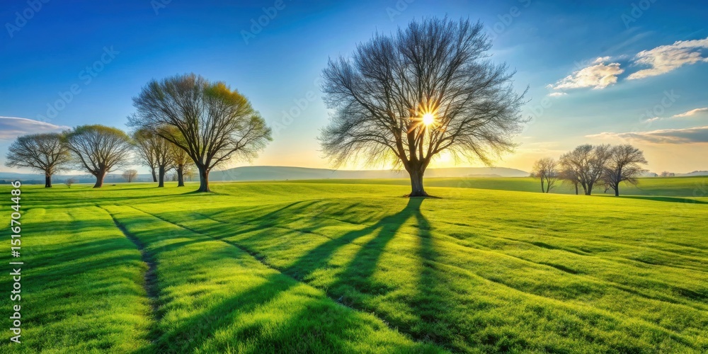 Poster serene sunset landscape sunbeams filtering through leafless trees casting long shadows across vibran
