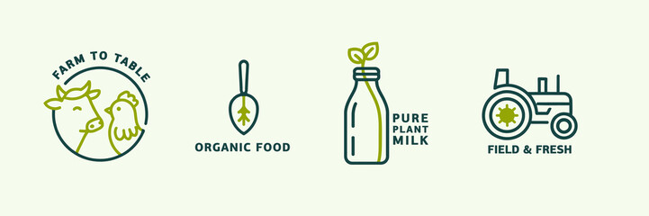 Sustainable farming icons for organic food and plant-based milk branding