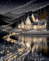 Fototapeta premium Serene Lakeside Abode: A picturesque house sits nestled beside a calm lake, the lights within creating a warm, inviting atmosphere. Reflecting in the tranquil water under a starry night sky. 