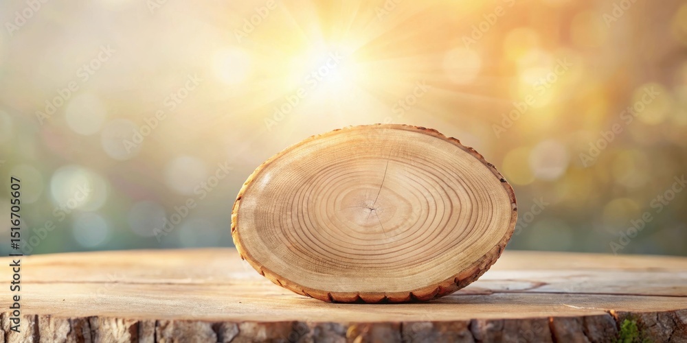 Poster a sunlit wooden disc rests gently on a rustic tree stump, creating a serene and natural scene perfec