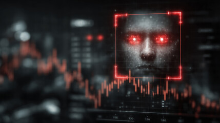 digital surveillance , AI monitoring feed with face detection overlays and behavior prediction graphs