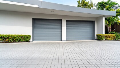 Empty space of parking bricks cement floor with grey color rolling shutter door background
