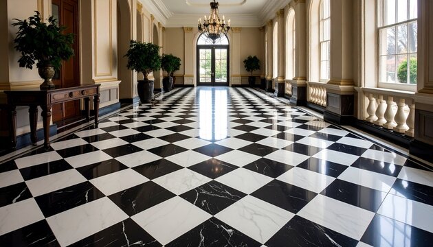 Black and white checkered marble floor