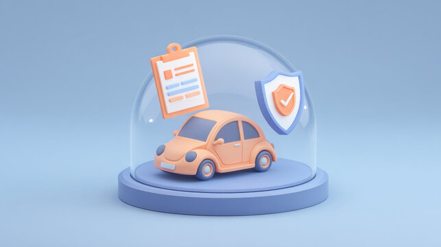 car under simplified bubble dome with shield icon and insurance certificate hovering beside