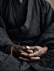 Fototapeta premium A photorealistic image of hands resting in a meditative pose on the lap of a person wearing a black traditional robe.