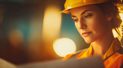 Dramatic lighting, female construction worker with helmet adjusting plans
