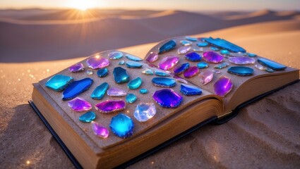 Fototapeta premium Open book adorned with colorful gemstones on sand dunes at sunset, symbolizing knowledge and treasure