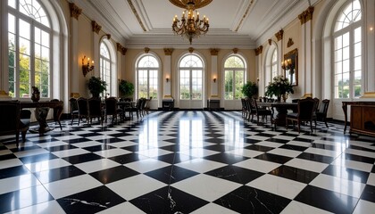 Black and white checkered marble floor