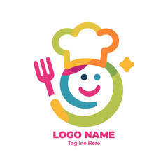 Chef logo, fun chef, food drawing, restaurant character, cooking illustration for culinary brand identity, gourmet design mascot, cafe logo use