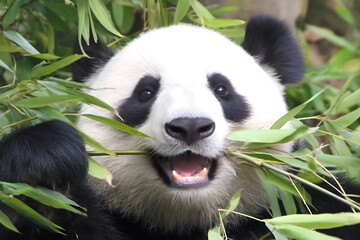 Fototapeta premium Giant panda eating bamboo close up
