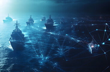 Modern military assets fighter jets naval ships satellites data links. Ocean scene. Ships connected by data network. Aerial view. War tech future. Strategic defense. Global power. Military strength.
