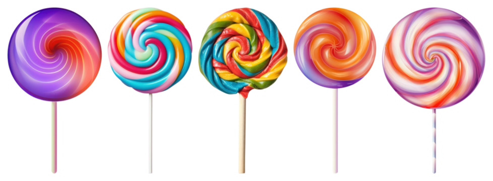 PNG Five colorful spiral lollipops in various vibrant patterns element set on transparent background.