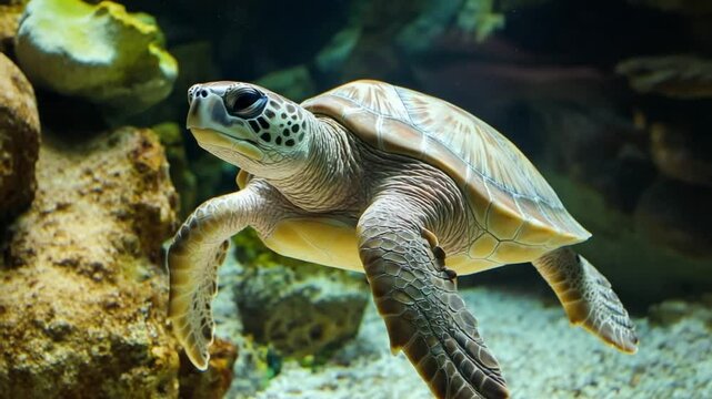 Majestic Sea Turtle Gracefully Swimming in Clear Blue Ocean Water, Aquatic Wildlife