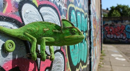 Close up of a green chameleon clinging to a branch against a colorful graffiti covered wall outdoors