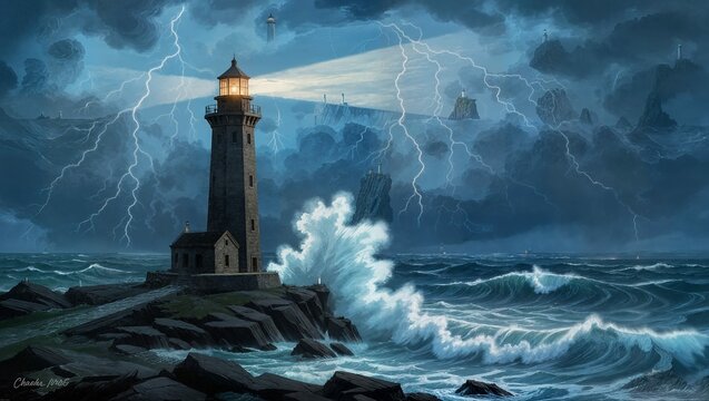 Solitary lighthouse stands proudly on a rocky coastline.