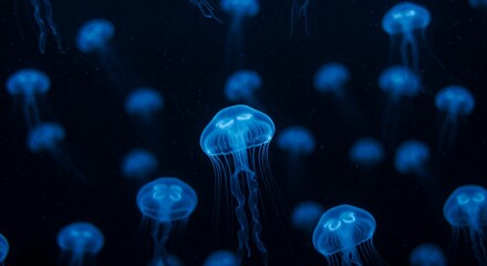 A mesmerizing view of a swarm of jellyfish gracefully swimming in the deep blue ocean waters below
