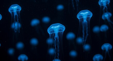 Glowing jellyfish floating in dark water with blue light illuminating their translucent bodies and tentacles