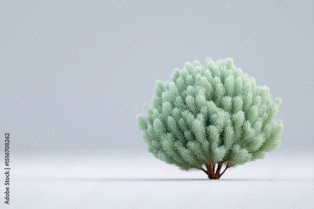 Poster minimalistic composition capturing single green shrub isolated on clean white background with ample 