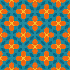 Stunning Moroccan-inspired pattern featuring bright orange floral motifs on a rich blue. Ideal for fabric prints, web design, and other artistic applications. 3600x3600 px high quality JPG background
