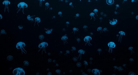 A multitude of jellyfish swimming in a dark ocean with bioluminescent glow in the deep sea water