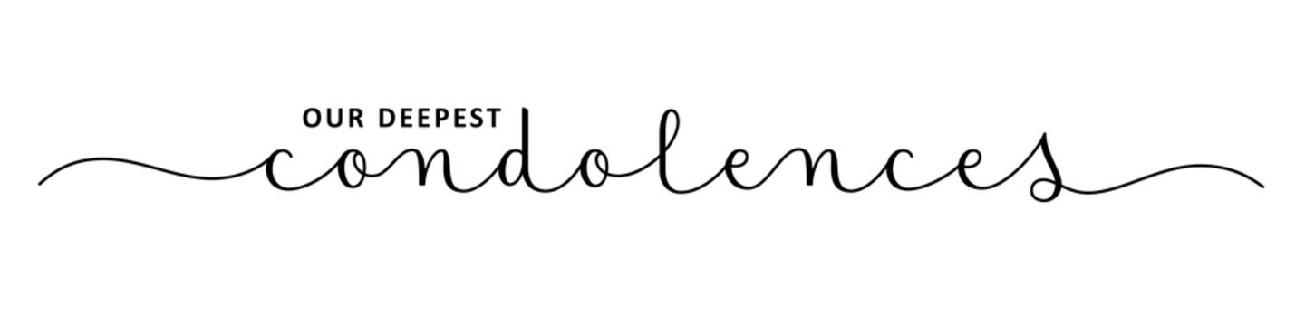 OUR DEEPEST CONDOLENCES black brush calligraphy banner on transparent background