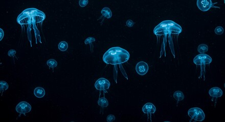 A swarm of blue jellyfish floating in the dark ocean water with a black background and glowing effect