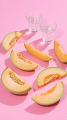 Sweet cantaloupe slices and glasses of water on pink background
