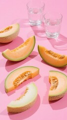 Sweet Honeydew Melon Slices on Pink Background with Glasses of Water