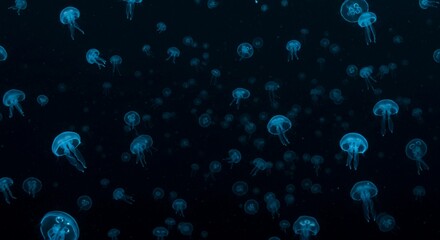 A swarm of jellyfish swimming in dark ocean water with bioluminescent glow creating an ethereal scene