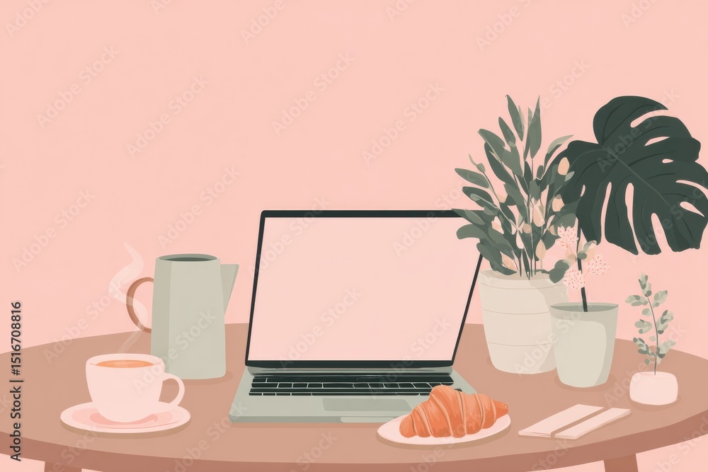 Poster Laptop Sits on Cafe Table With Croissant and Plants Creating a Cozy Workspace Environment Perfect for Productivity and Relaxation at Any Time of the Day