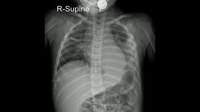 Pediatric Chest and Abdomen X-ray in Supine Position Showing Rib Cage and Abdominal Organs