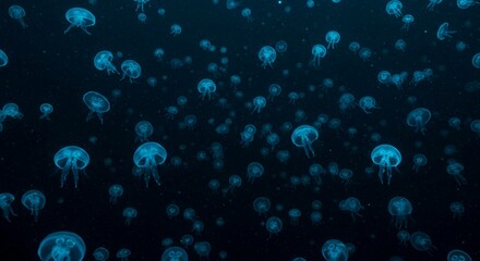 A swarm of blue jellyfish floating in the dark ocean water with visible tentacles and translucent bodies