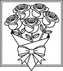 Bouquet of Roses silhouette Outline Illustration – Floral Line Art with Ribbon Bow | Bouquet of Roses with Bow in Black and White Line Art