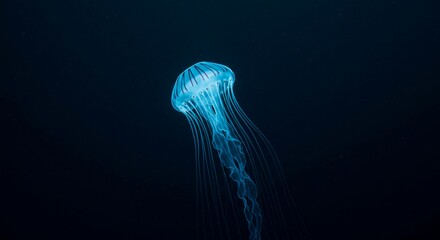 Luminous jellyfish gracefully drifting in the deep blue ocean water with long trailing tentacles