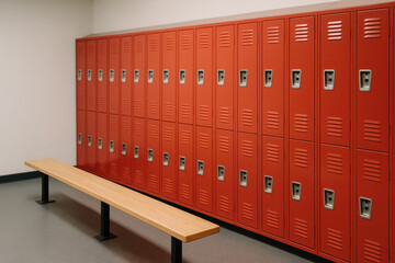 Empty Locker Room With Row Of Red Metal Lockers And Wooden Bench On Grey Floor Surface