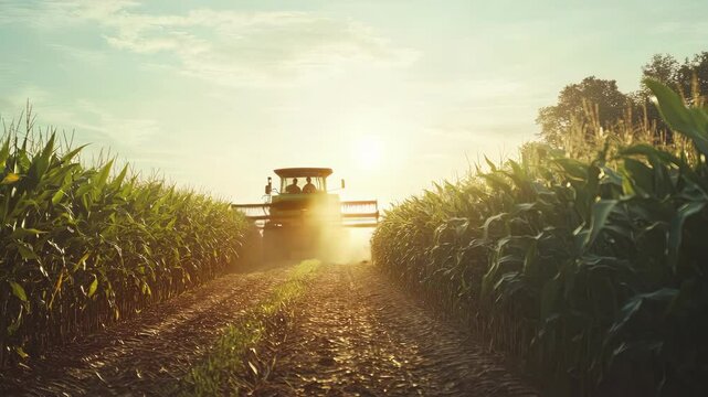 A combine truck driving through a lush corn field during harvest season on a sunny day.