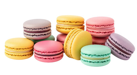 Obraz premium Delightful assortment of colorful French macarons pastries arranged on a transparent background ideal for bakery menus and dessert websites