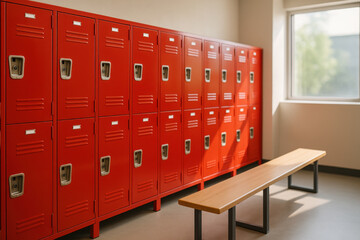 Sunlight Illuminates Empty Locker Room With Red Lockers And Wooden Bench In Front Of Window