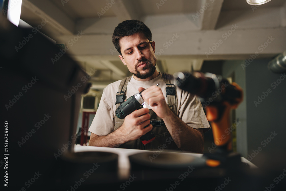 Poster man carefully inspects a power drill while working on a home improvement project in a workshop durin