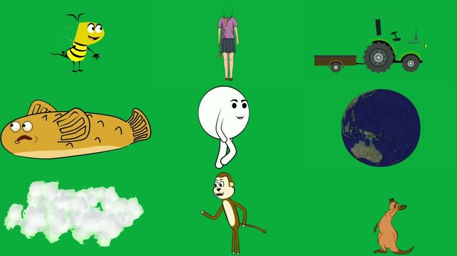 cartoon bee green background girl purple shirt is walking screen tractor it drawing fish character earth rotating white clouds monkey kangaroo ball mouth school uniform image surprised.