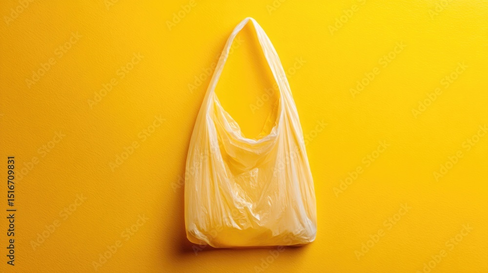 Poster minimalistic image of single plastic bag contrasting against bright smooth solid color background of