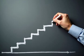 Steps to succeed in business. Businessman drawing steps on chalkboard.