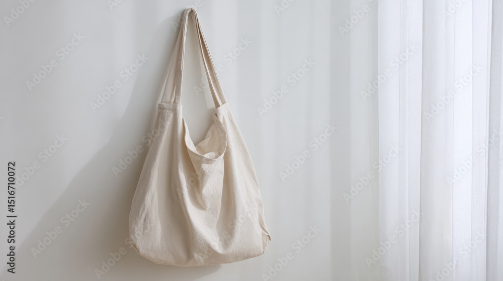 Poster minimalistic image of single reusable fabric bag hanging against plain white backdrop with clean lin